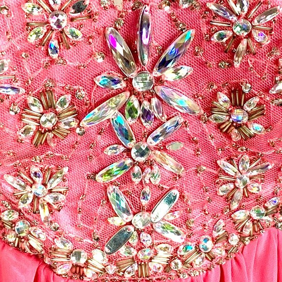 Strapless Pink Gown 8 Crystal Beaded Flowing Chiffon Prom Pageant Formal Dress - Picture 4 of 10